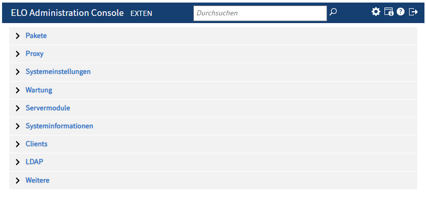 Menübereich; zugeklappte Menüpunkte der ELO Administration Console