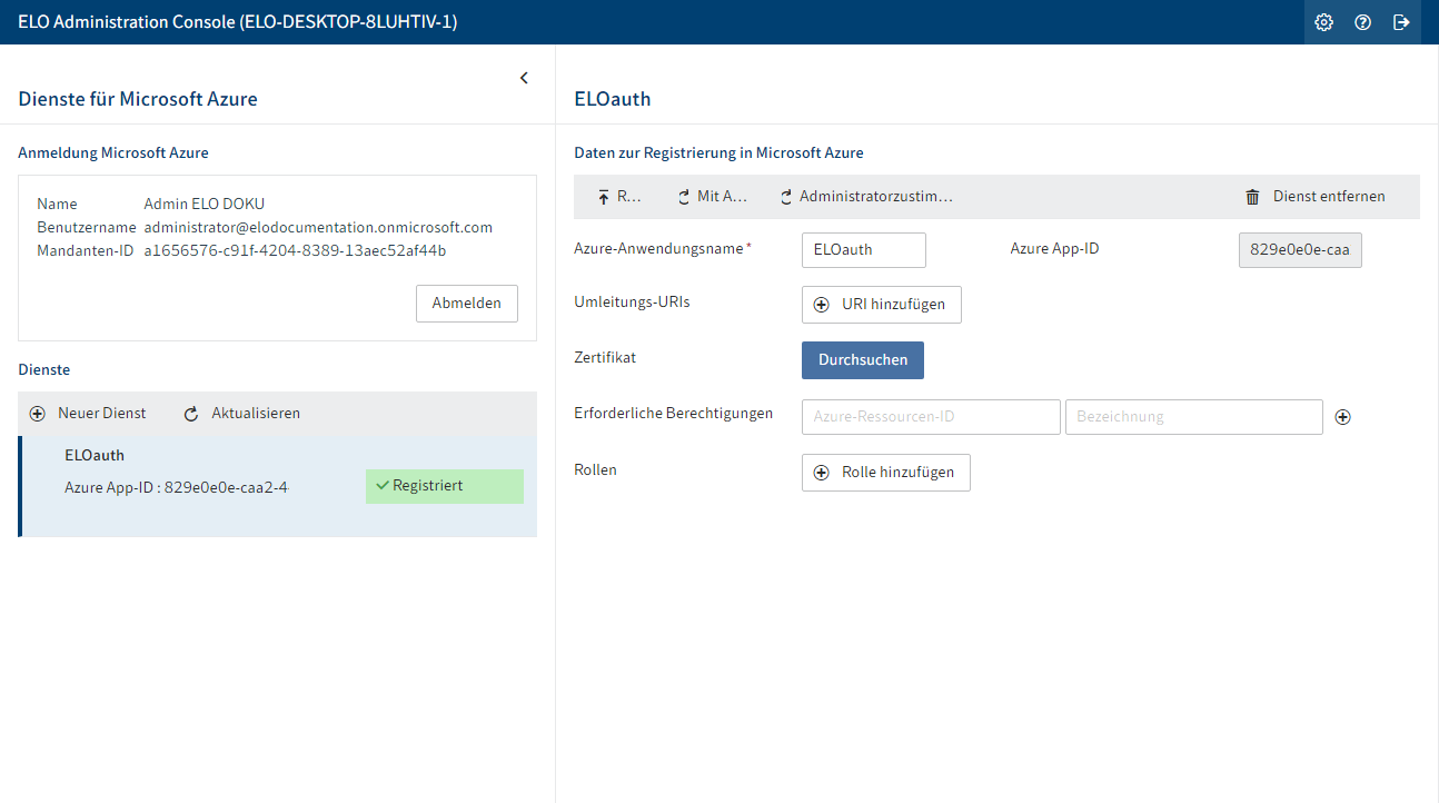 Bereich 'ELO Azure Administration' mit einem registrierten Dienst