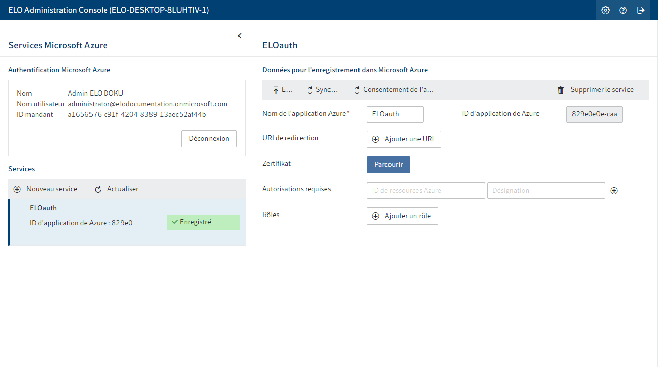 Section 'ELO Azure Administration' avec un service enregistré