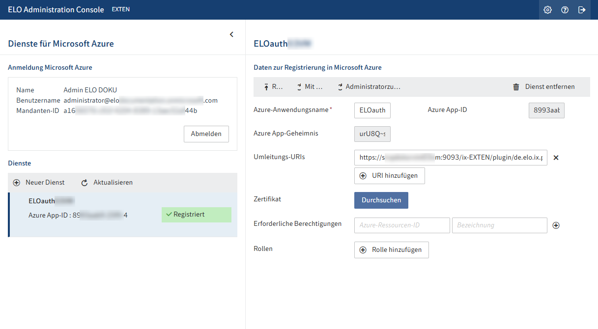 Bereich 'ELO Azure Administration' mit einem registrierten Dienst