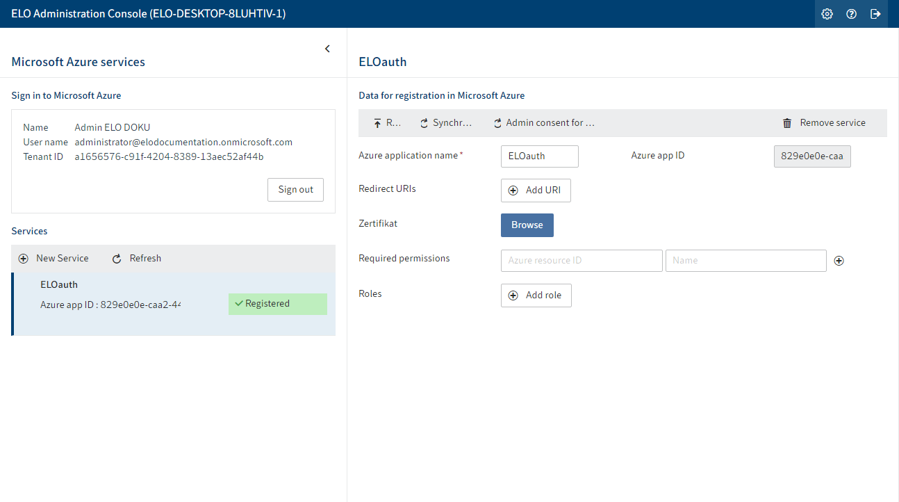 'ELO Azure Administration' area with a registered service