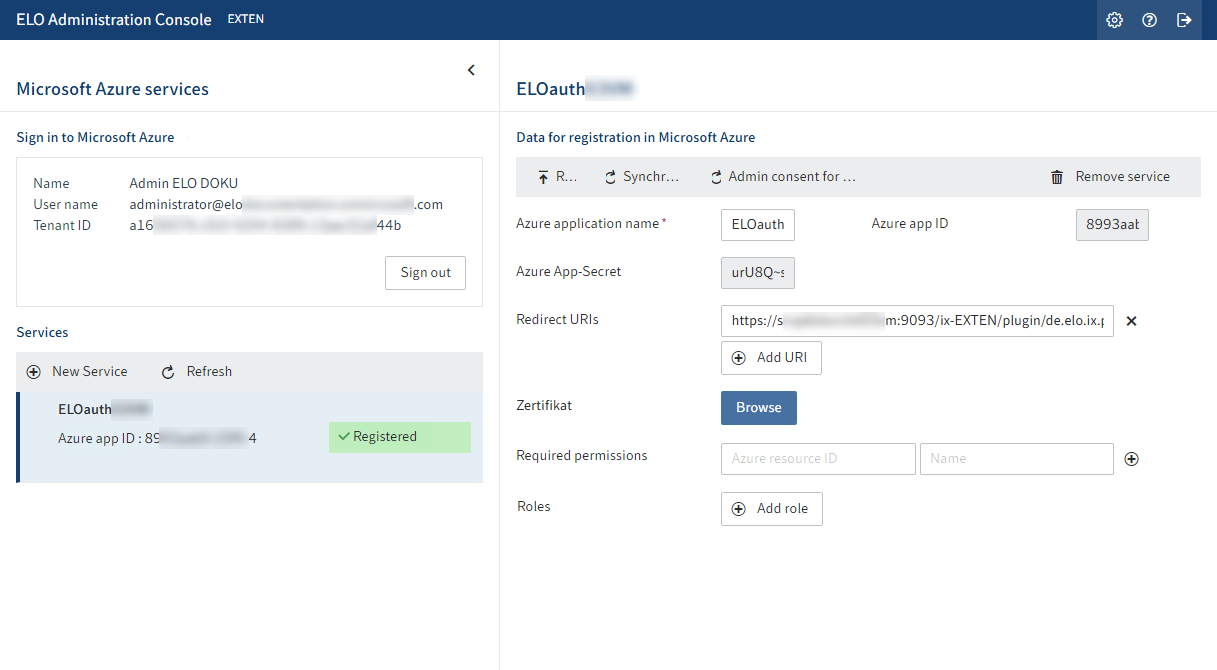 'ELO Azure Administration' area with a registered service