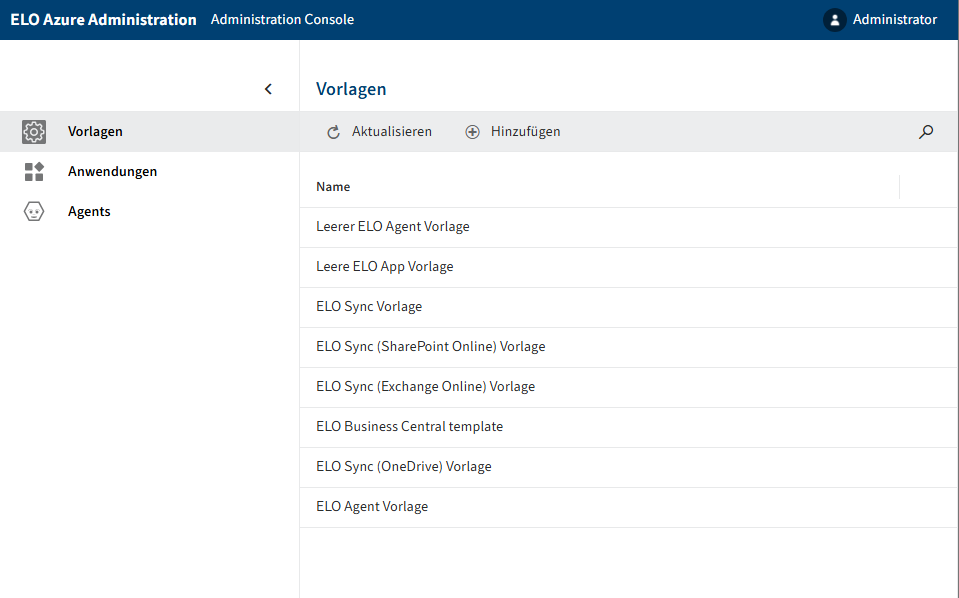 Bereich 'ELO Azure Administration' mit einem registrierten Dienst