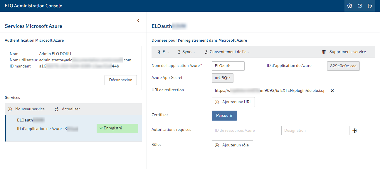 Section 'ELO Azure Administration' avec un service enregistré