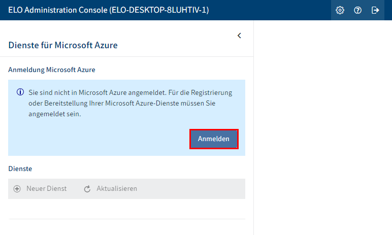 ELO Azure Administration; Button 'Anmelden'