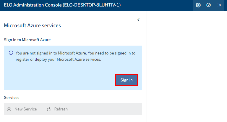 ELO Azure Administration; 'Sign in' button