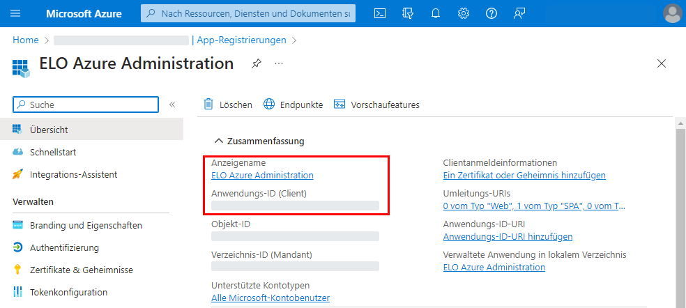 Azure App-Übersicht, markiert sind die Felder 'Anzeigename' und 'Anwendungs-ID (Client)'