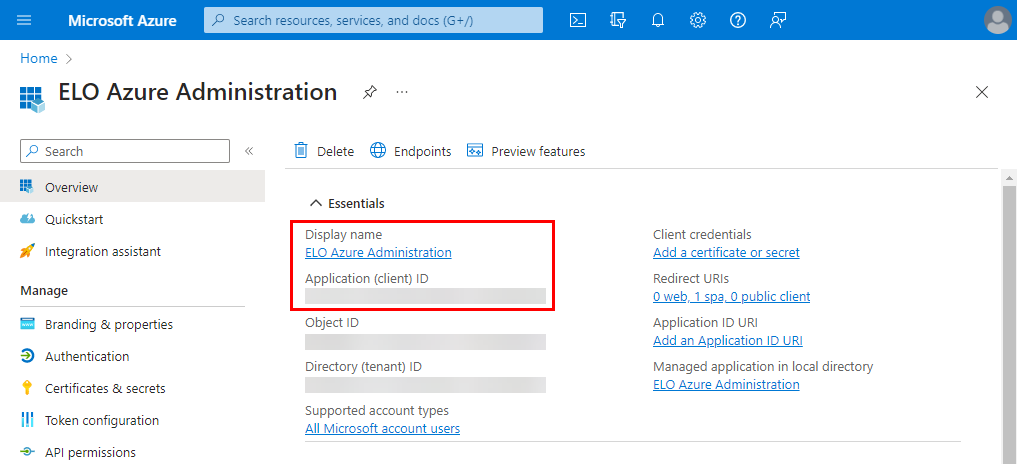 Azure app overview, with the 'Display name' and 'Application ID (client)' fields selected