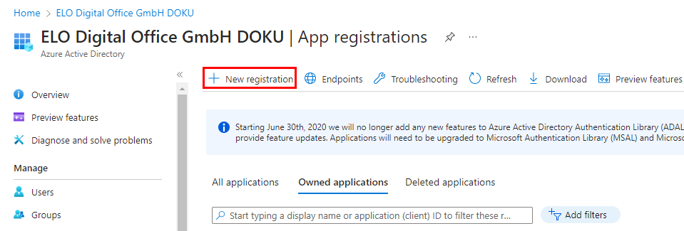 'App registrations' area; 'New registration' button