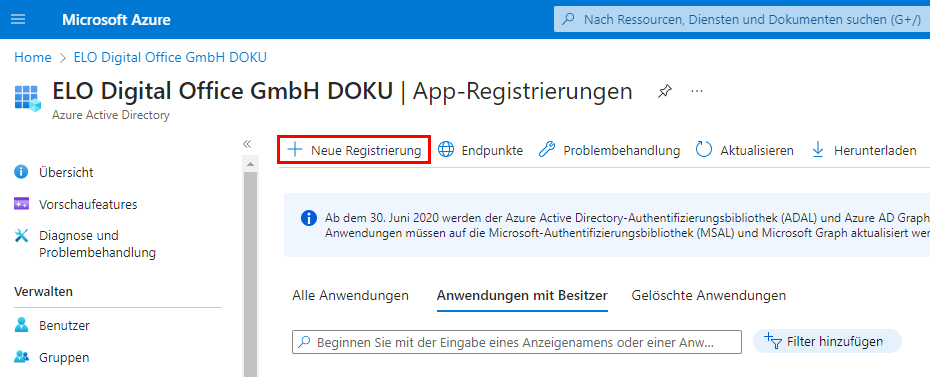 Bereich 'App-Registrierungen'; Button 'Neue Registrierung'