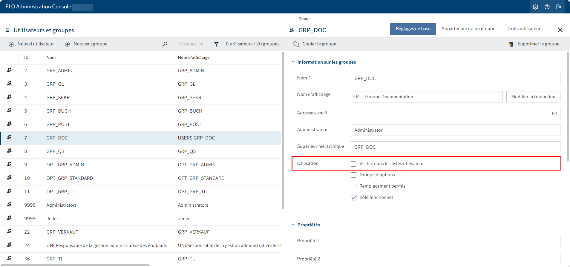 Case à cocher 'Visible dans les listes utilisateur' dans la section 'Information de groupe'