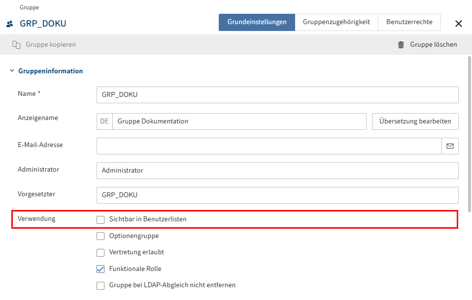 Checkbox 'Sichtbar in Benutzerlisten' im Bereich 'Gruppeninformation'