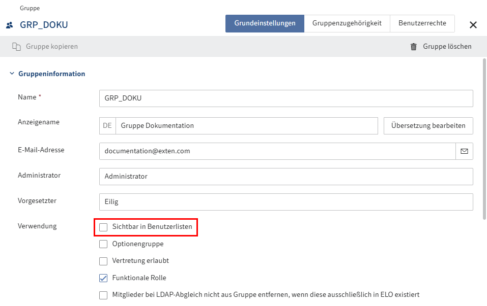 Checkbox 'Sichtbar in Benutzerlisten' im Bereich 'Gruppeninformation'
