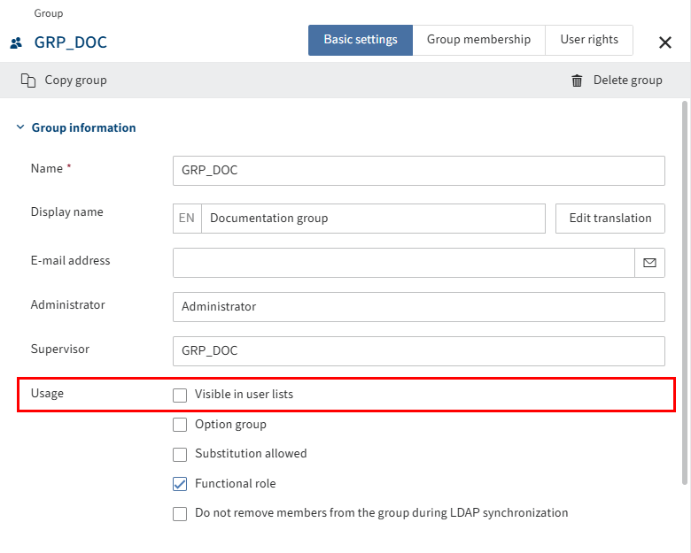 'Visible in user lists' check box in the 'Group information' area