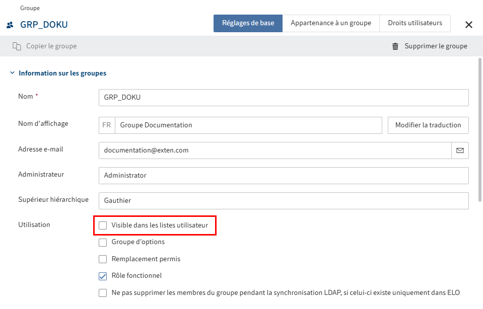 Case à cocher 'Visible dans les listes utilisateur' dans la section 'Information de groupe'