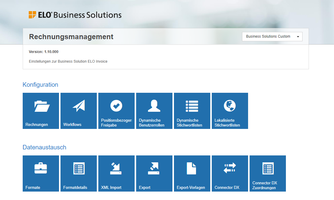 Konfigurationsseite für die ELO Business Solution 'Invoice'