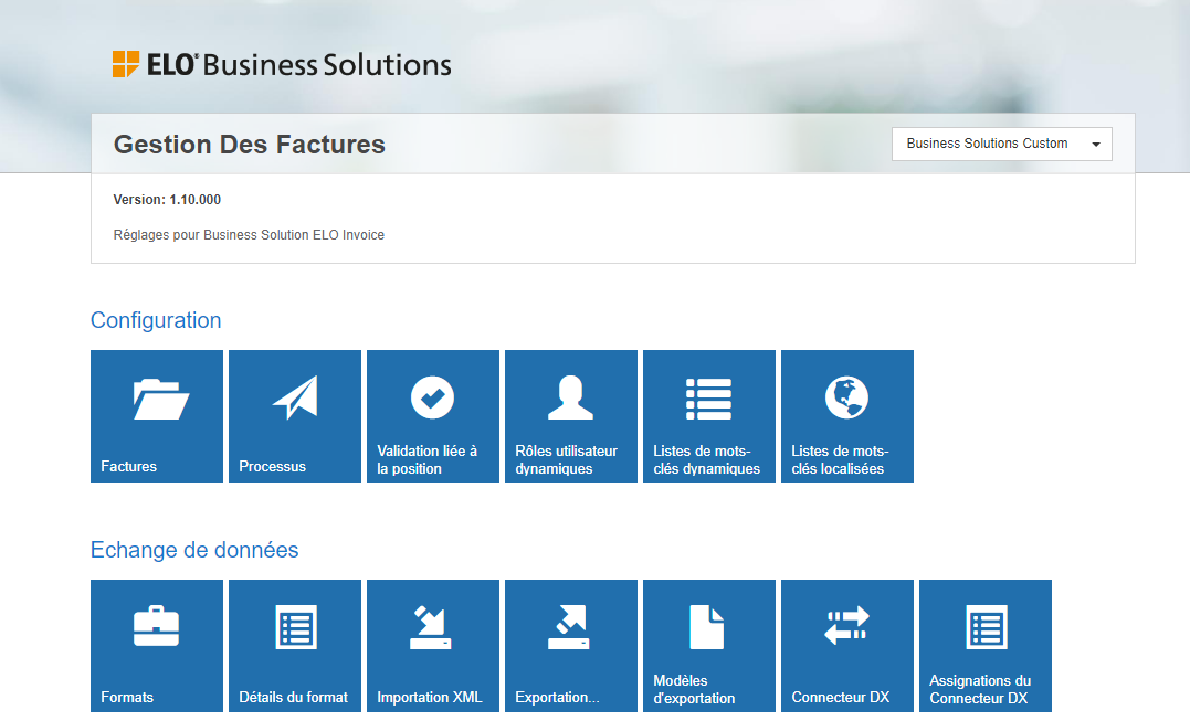 Page de configuration pour la ELO Business Solution 'Invoice'