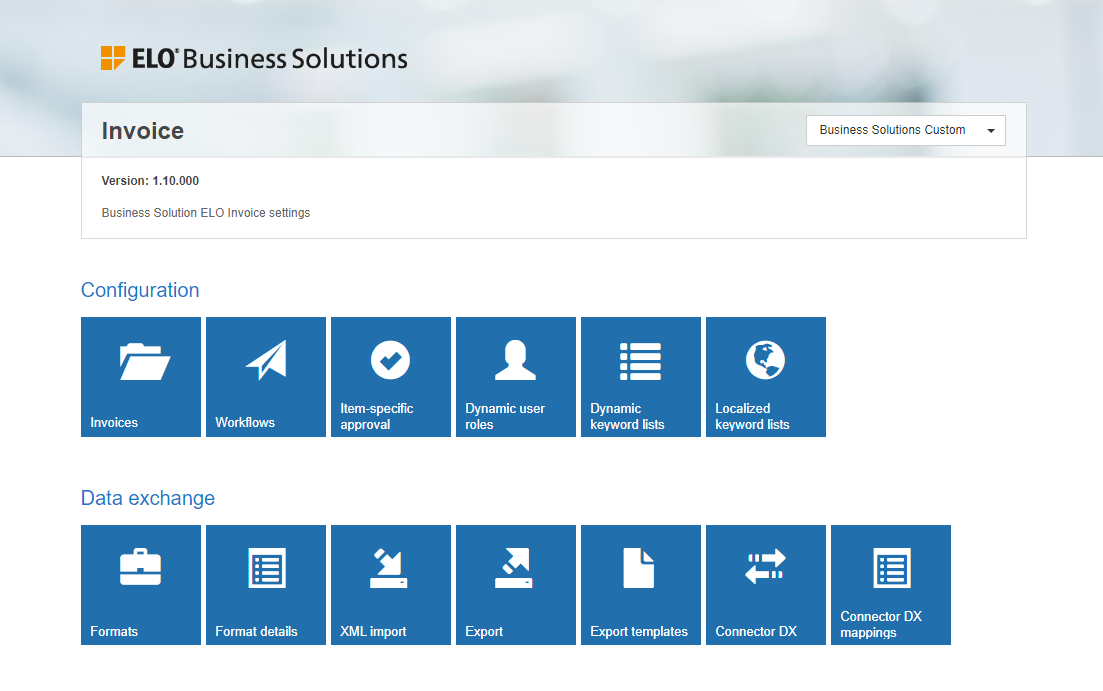 Configuration page for Business Solution ELO Invoice