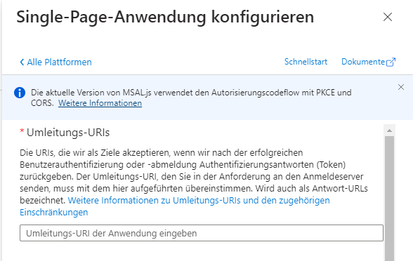 Oberer Abschnitt des Bereichs 'Single-Page-Anwendung konfigurieren'