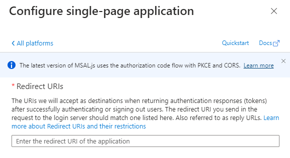 Top section of the 'Configure single-page application' area