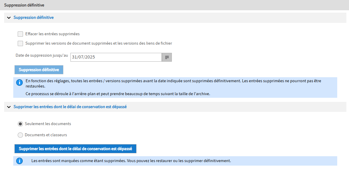 Section 'Supprimer définitivement'