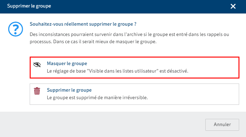 Dialogue 'Supprimer le groupe'