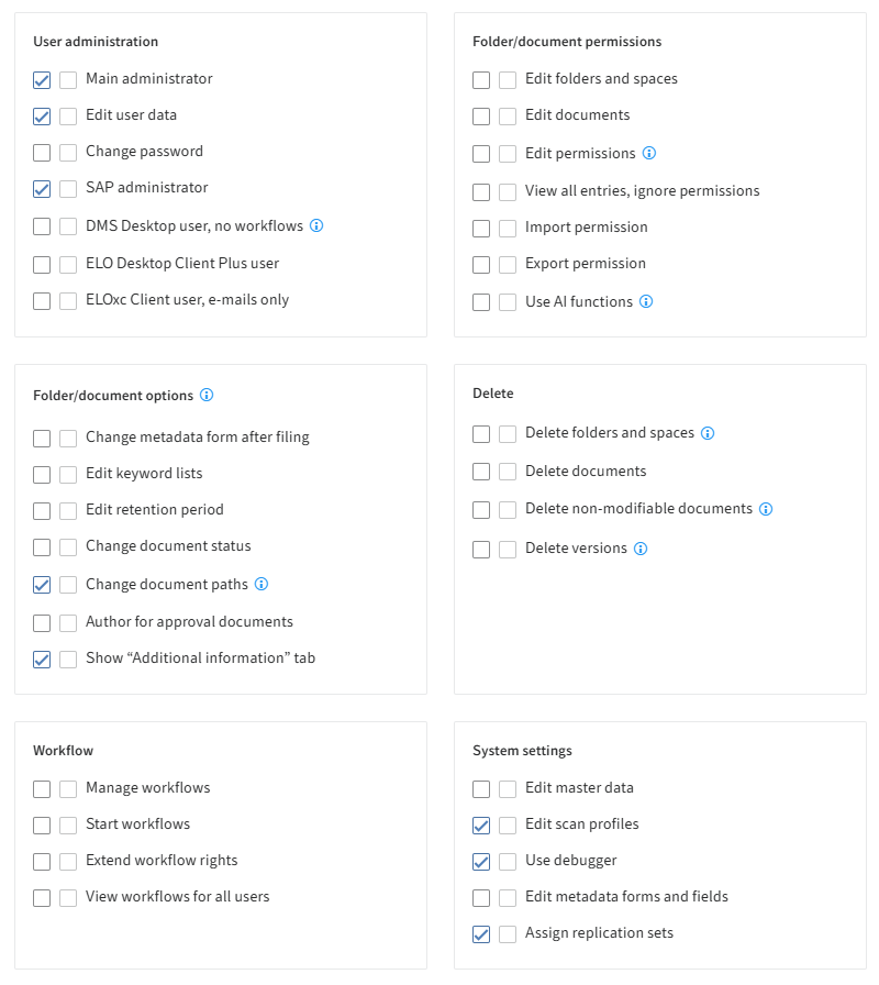 ELO Administration Console, assigning user rights for ELO administrators