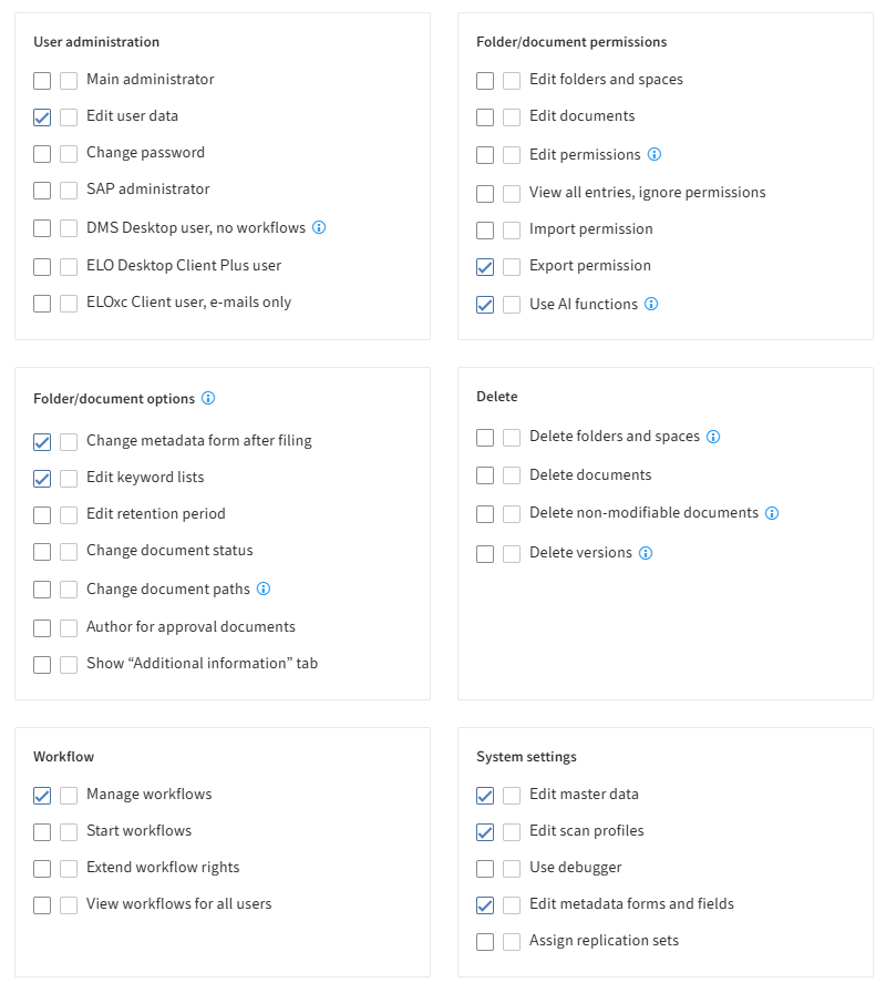 ELO Administration Console, assigning user rights for ELO area administrators
