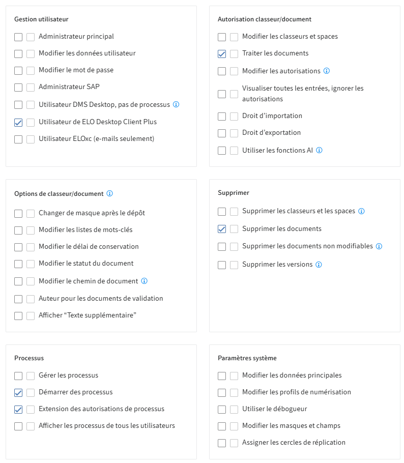 Console d'administration ELO, association des droits utilisateur pour l'utilisateur standard ELO