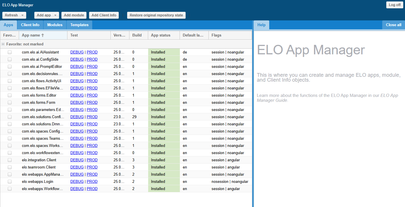 'ELO App Manager' page