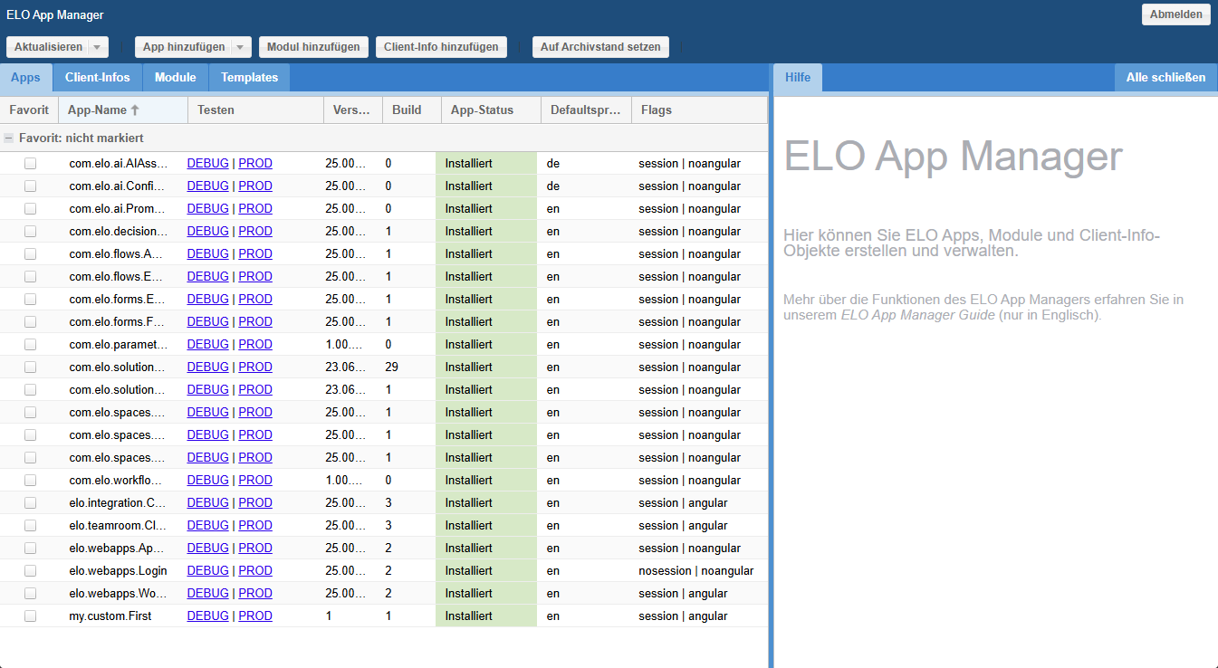 Seite 'ELO App Manager'