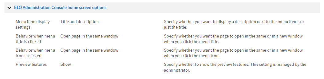 Configuration; ELO Administration Console home screen options