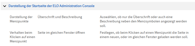 Konfiguration; Einstellungen zur Darstellung der Menüseite der ELO Administration Console