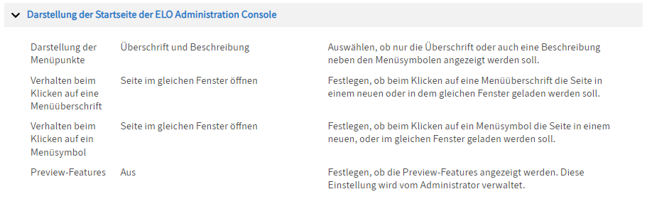 Konfiguration; Einstellungen zur Darstellung der Menüseite der ELO Administration Console