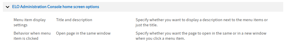 Configuration; ELO Administration Console home screen options