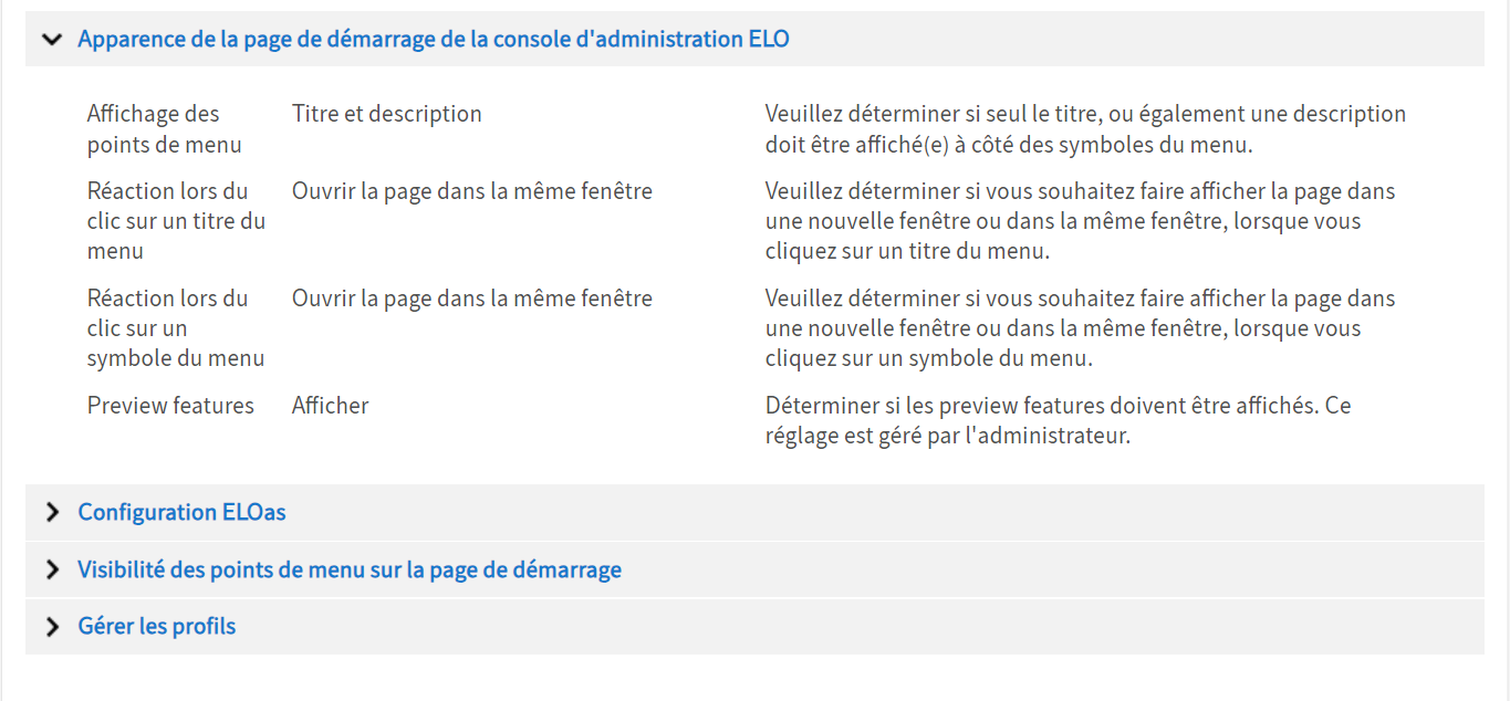 Configuration - réglages concernant l'apparence de la page de menu de la console d'administration ELO