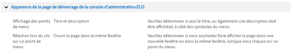 Configuration - réglages concernant l'apparence de la page de menu de la console d'administration ELO