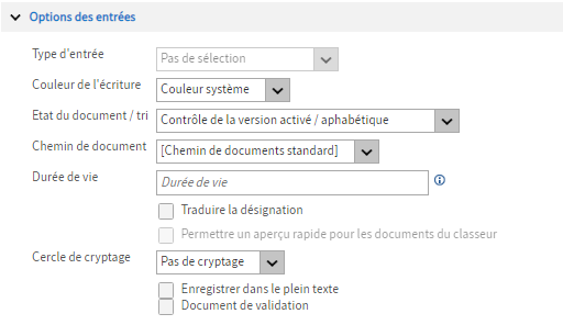 Section 'Options des entrées'