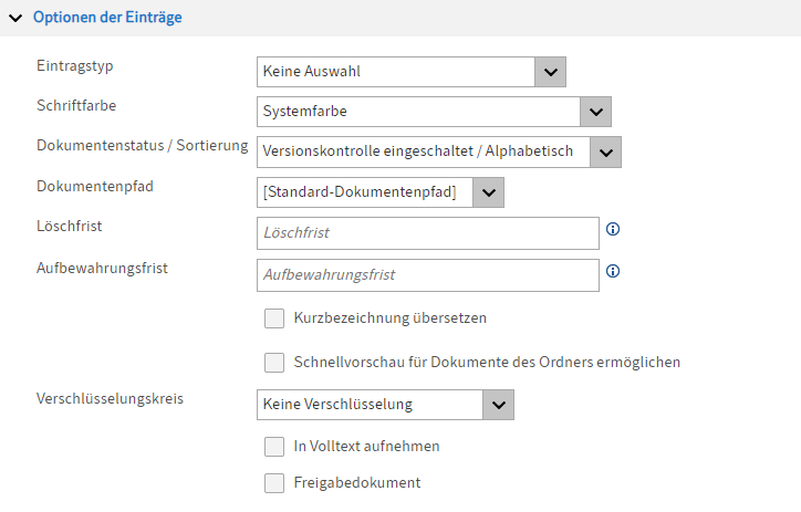 Bereich 'Optionen der Einträge'