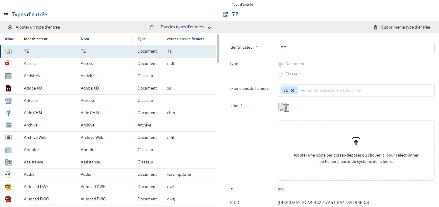 Section 'Types d'entrée'