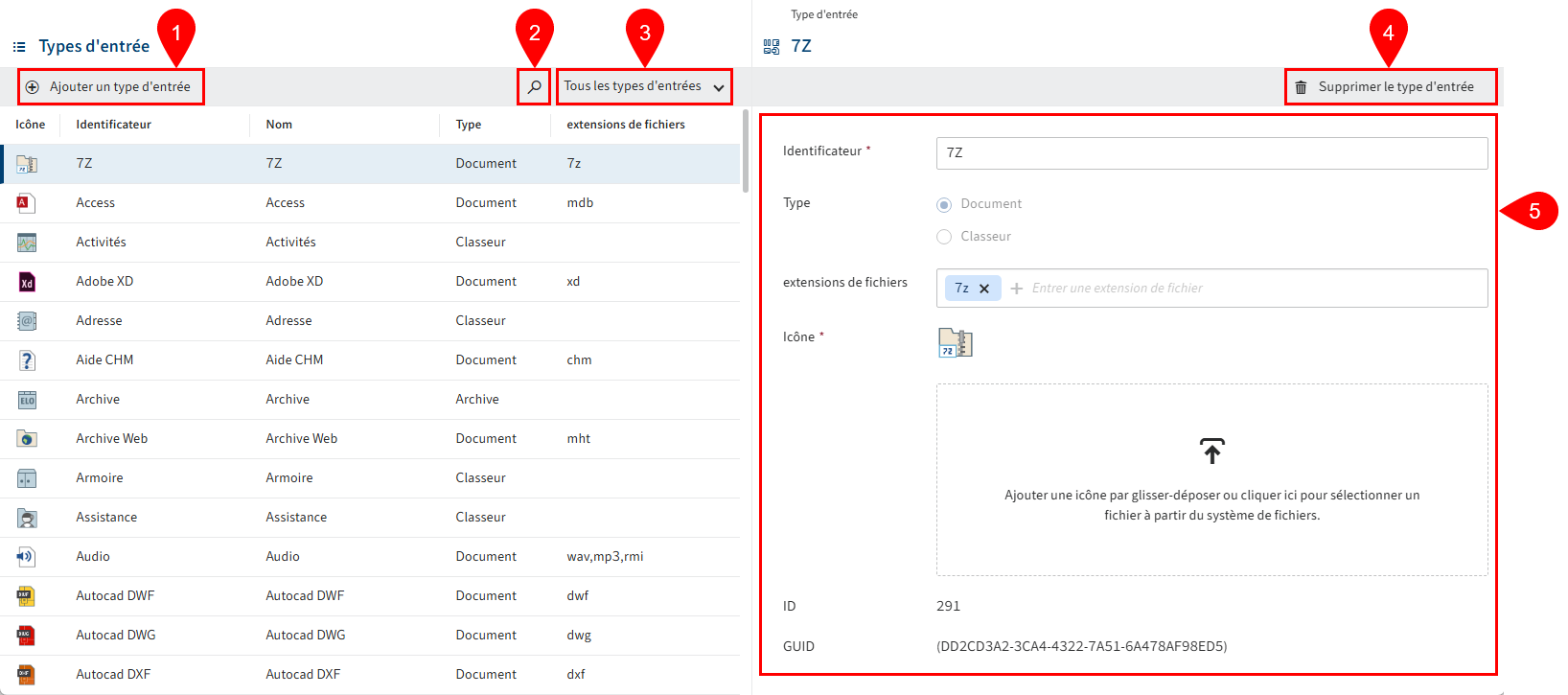 Section 'Types d'entrée'