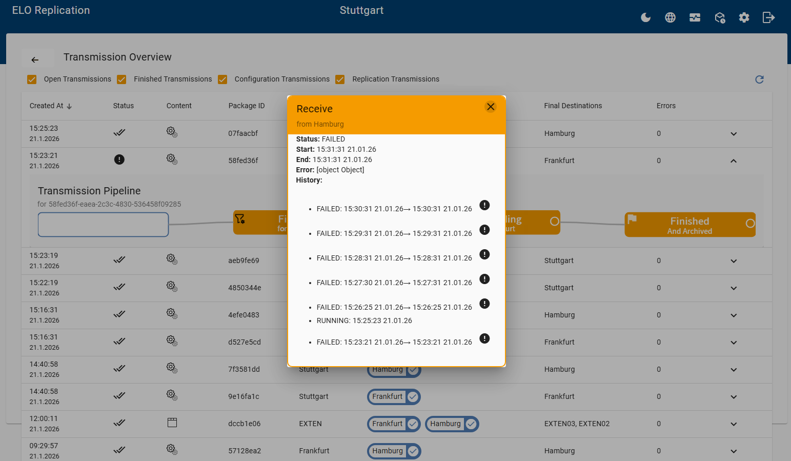 Errors in the transfer overview