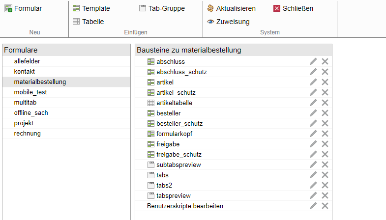 Bereich 'Formulardesigner'