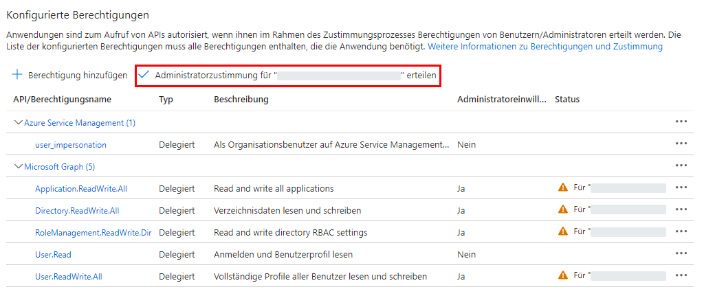 Bereich 'Konfigurierte Berechtigungen'; Button zum Erteilen der Administratorzustimmung
