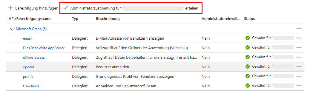 Bereich 'Konfigurierte Berechtigungen'; Button zum Erteilen der Administratorzustimmung