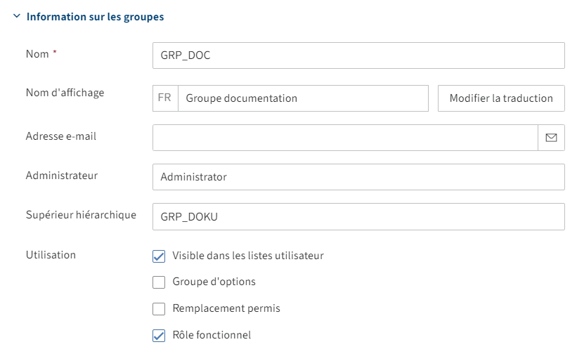 Section 'Information sur les groupes' dans l'onglet 'Réglages de base' pour les groupes