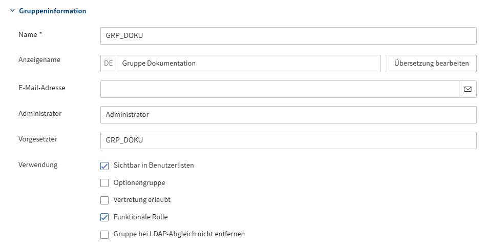 Bereich 'Gruppeninformation' im Tab 'Grundeinstellungen' für Gruppen
