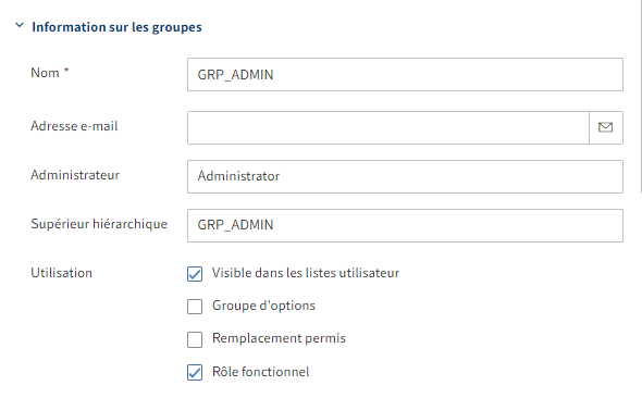 Section 'Information sur les groupes' dans l'onglet 'Réglages de base' pour les groupes