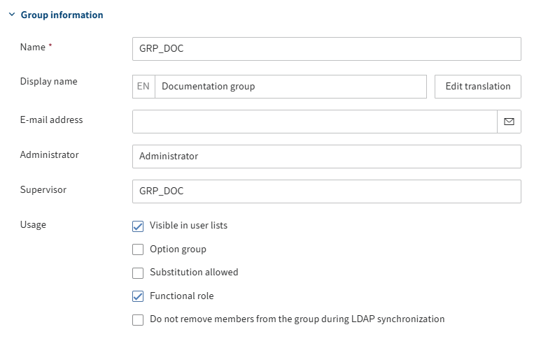 'Group information' area on the 'Basic settings' tab for groups