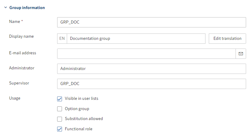 'Group information' area on the 'Basic settings' tab for groups